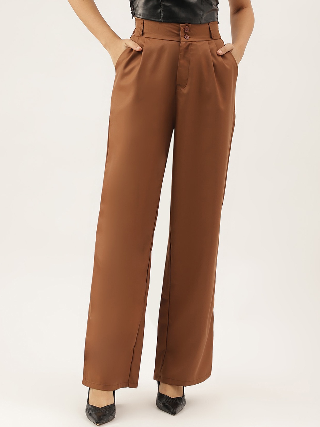 

AAHWAN Women Loose Fit High-Rise Pleated Trousers, Brown