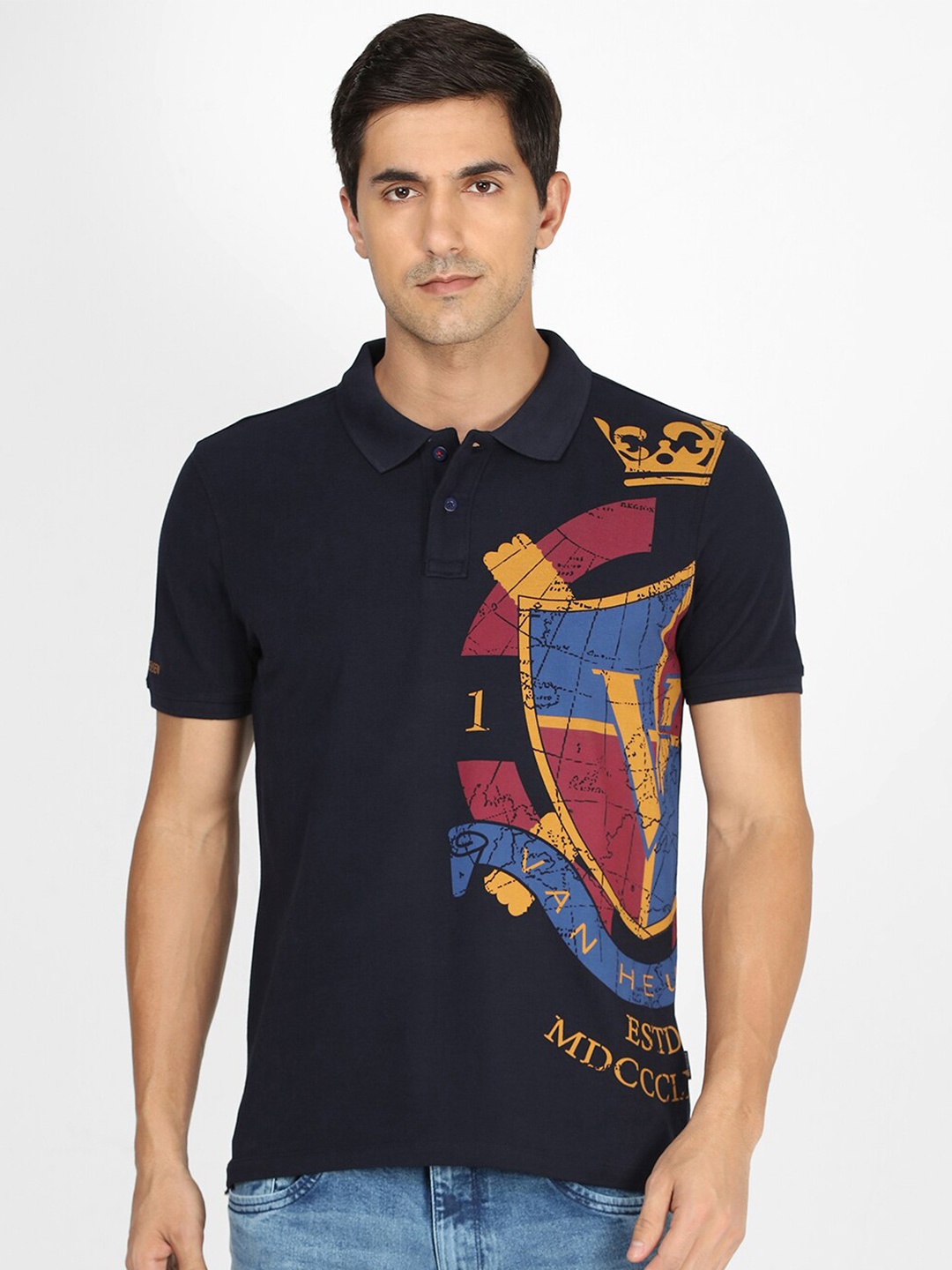 

Van Heusen Sport Graphic Printed Polo Collar Pure Cotton T-shirt, Navy blue