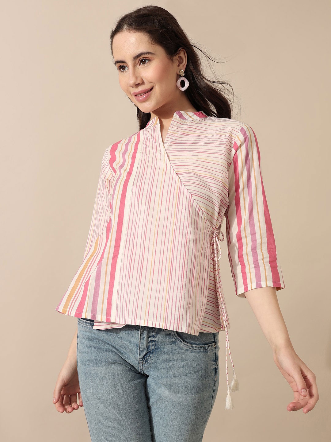 

Saaki Striped Mandarin Collar Cotton Wrap Top, Off white