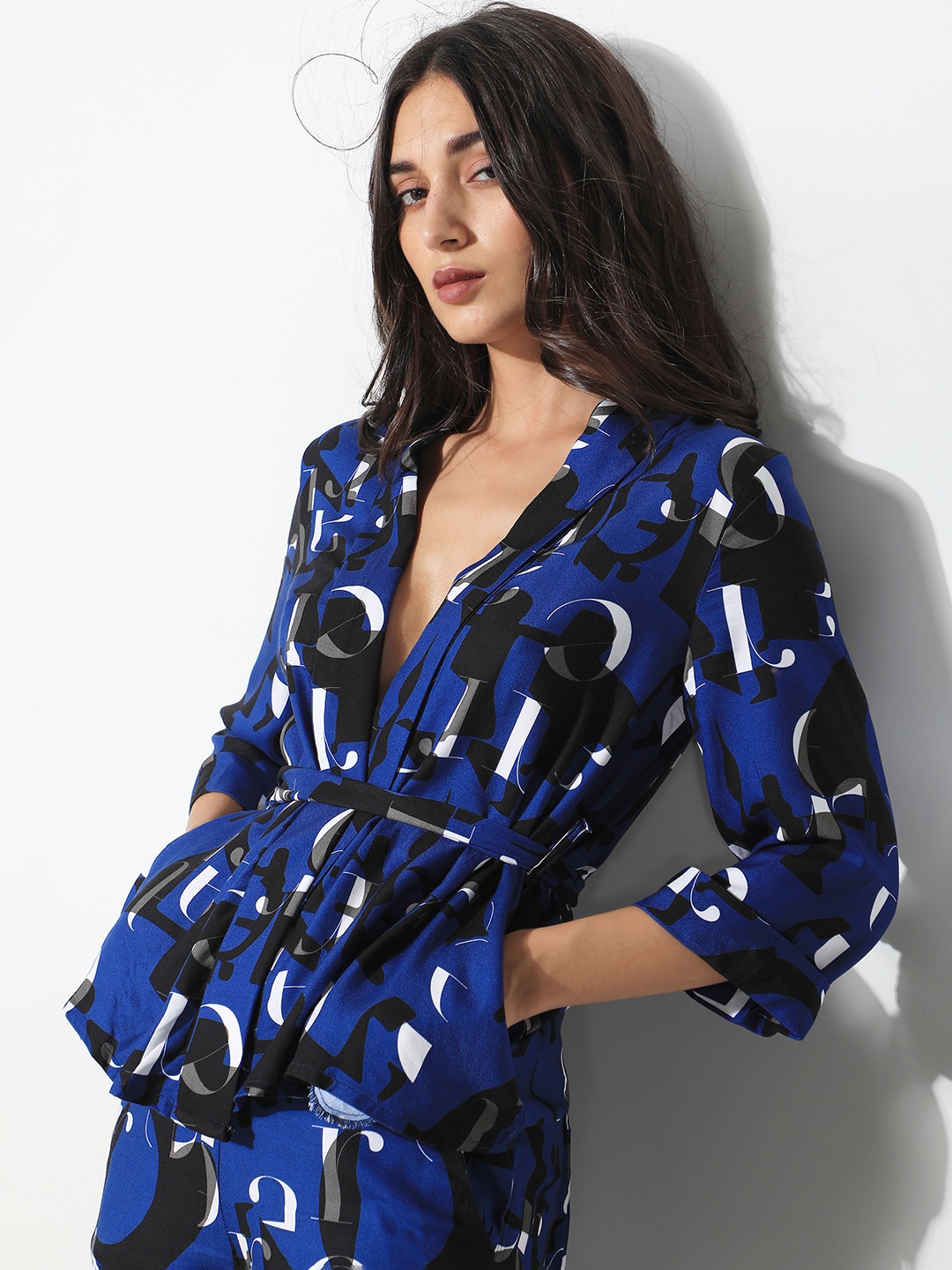 

RAREISM Women Typography Printed Tie-Up Shrug, Blue