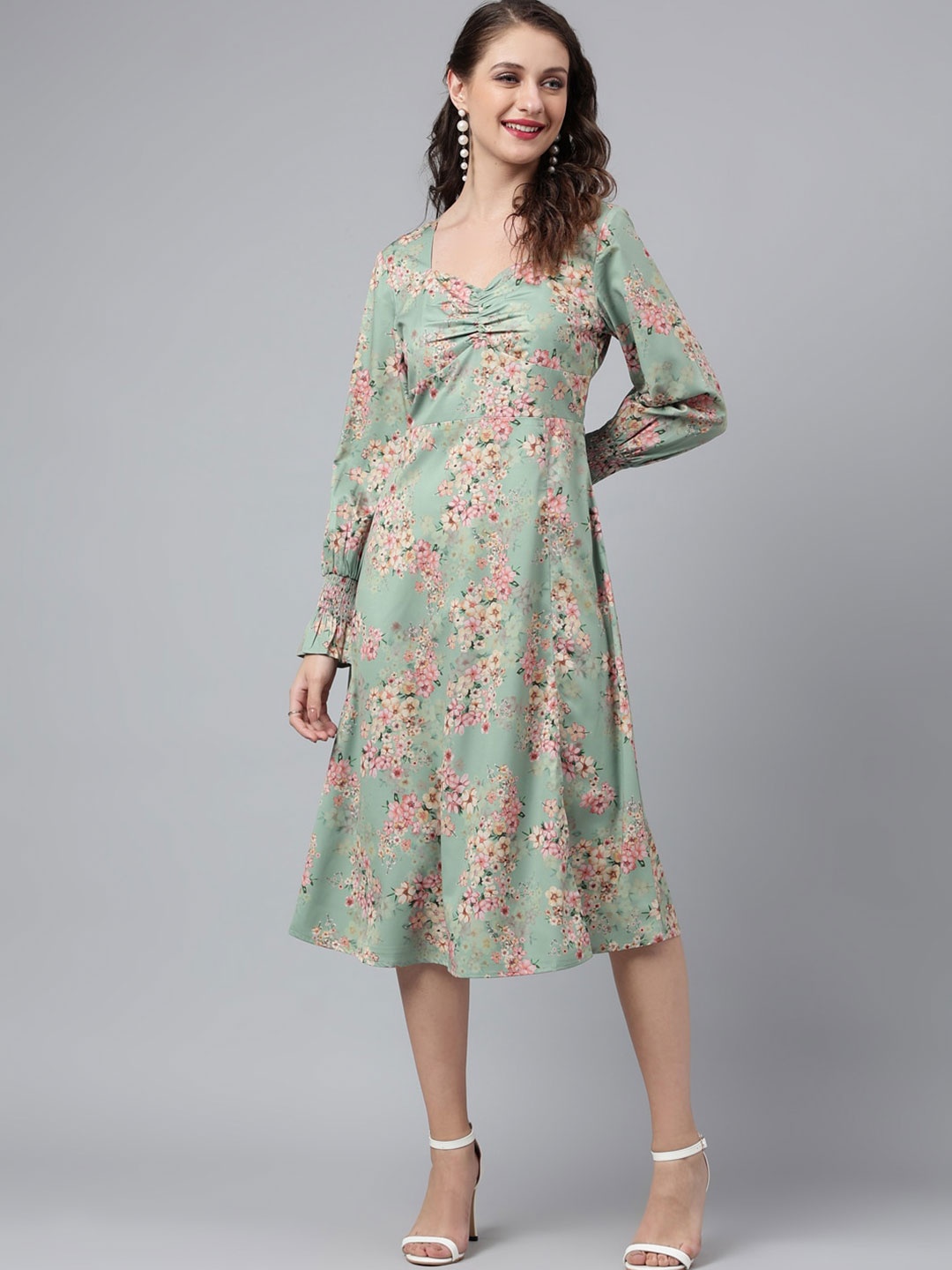 

pinwheel Floral Printed Sweetheart Neck A-Line Midi Dress, Green