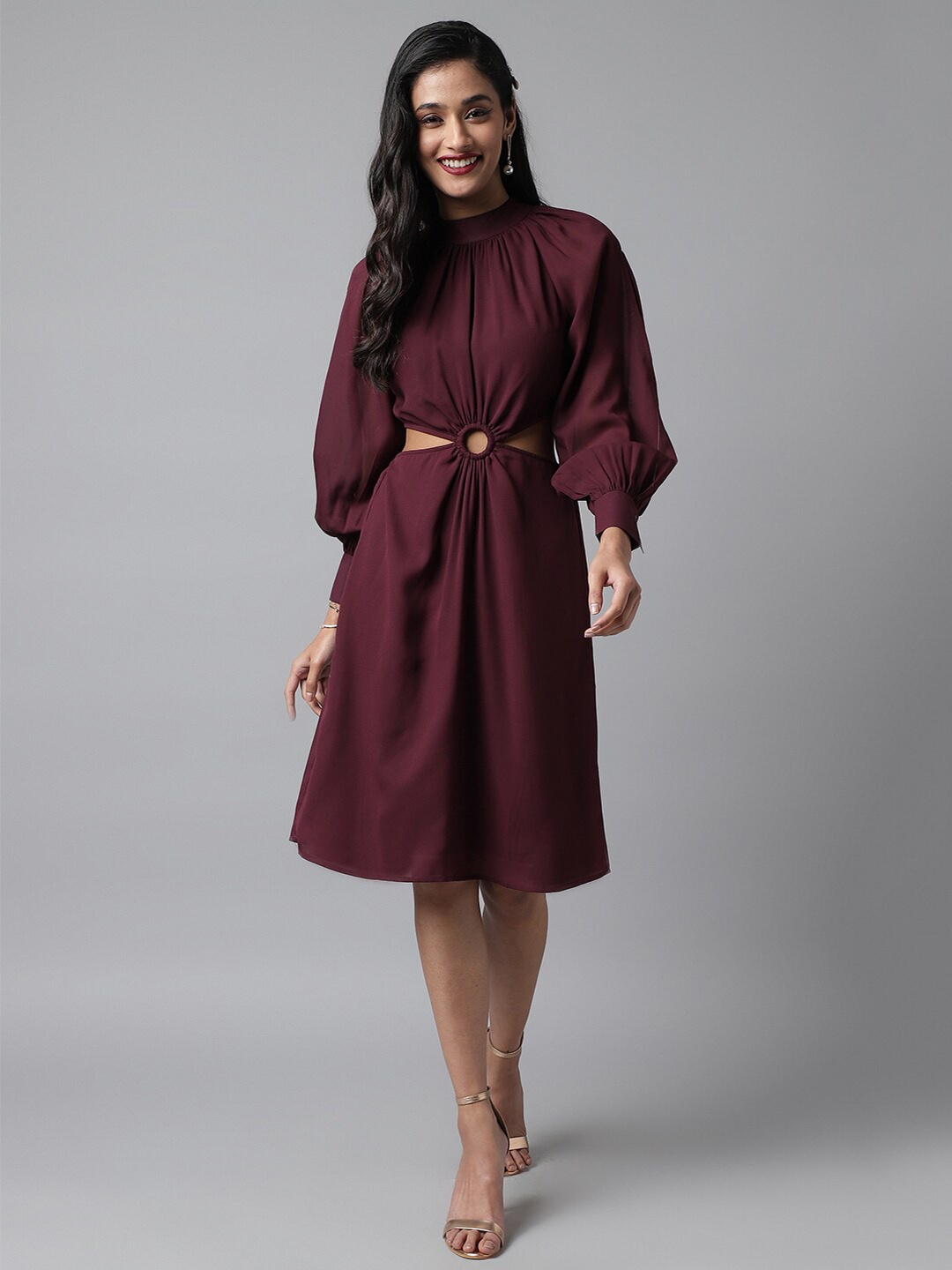 

pinwheel Mock Neck Slit Sleeve Cut Out Georgette Fit & Flare Dress, Maroon