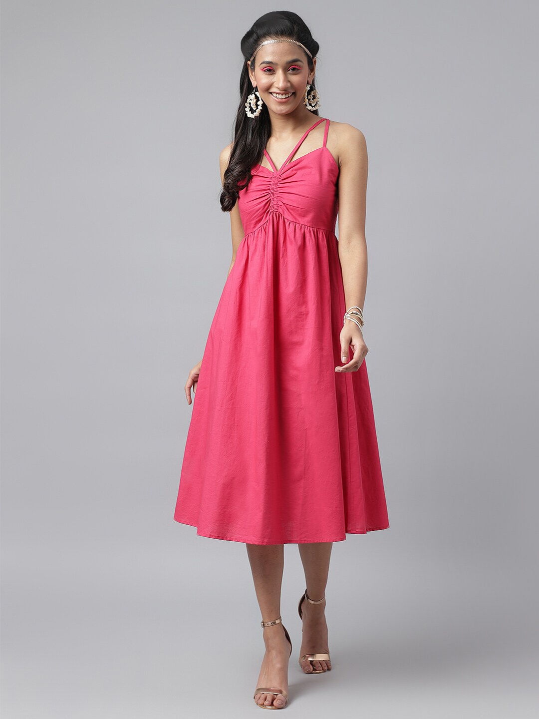 

pinwheel Solid Ruched Shoulder Straps Pure Cotton Empire Midi Dress, Pink