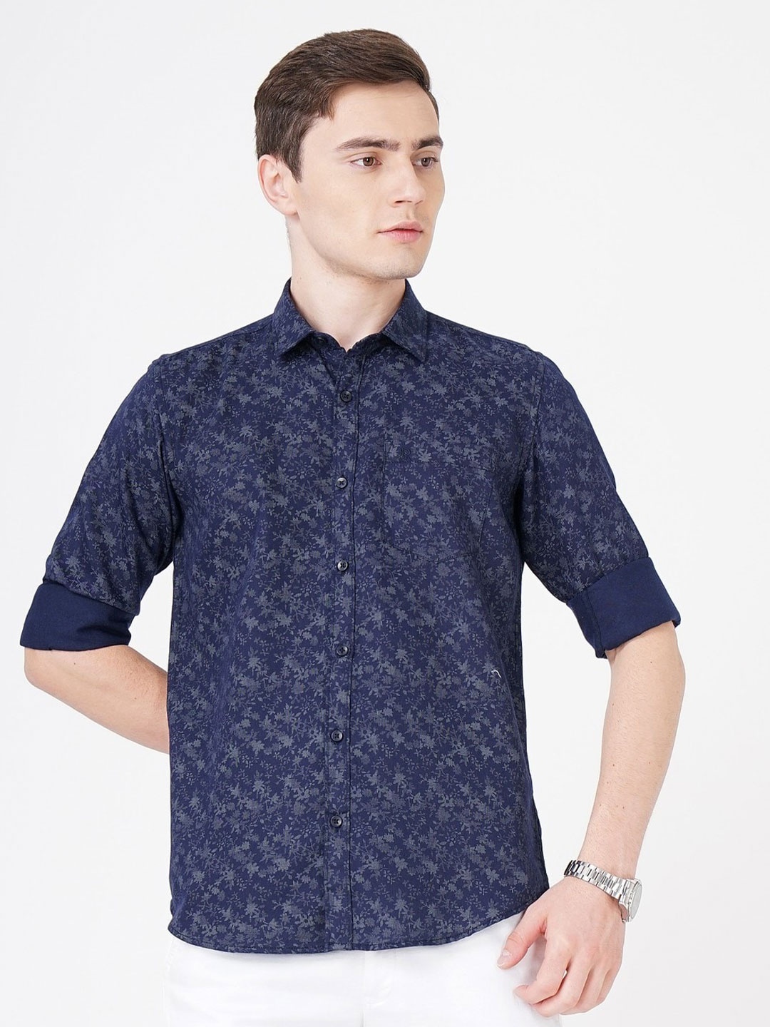 

SORATIA Comfort Floral Printed Cotton Casual Shirt, Navy blue