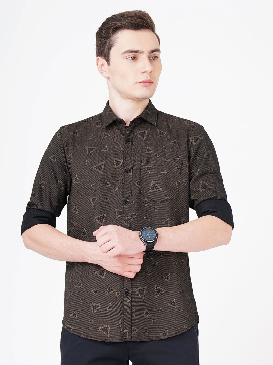 

SORATIA Comfort Geometric Printed Cotton Casual Shirt, Black