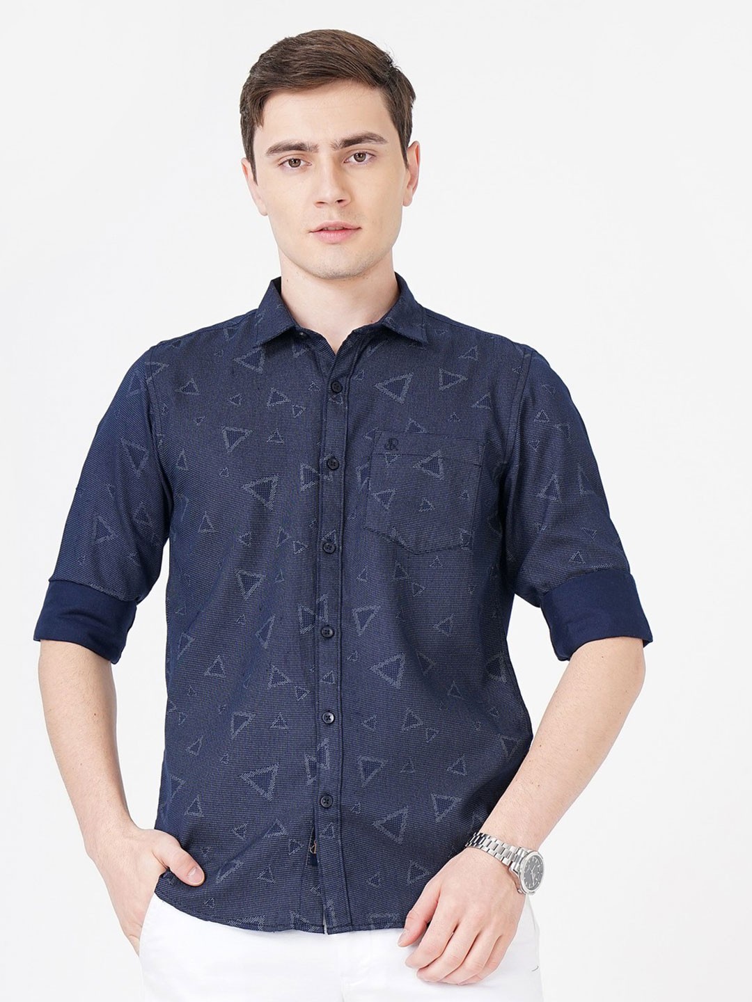 

SORATIA Comfort Fit Patterned Cotton Casual Shirt, Navy blue