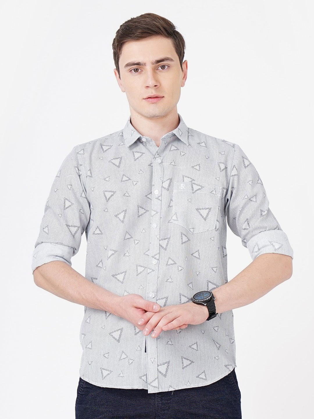 

SORATIA Comfort Opaque Geometric Printed Casual Cotton Shirt, White