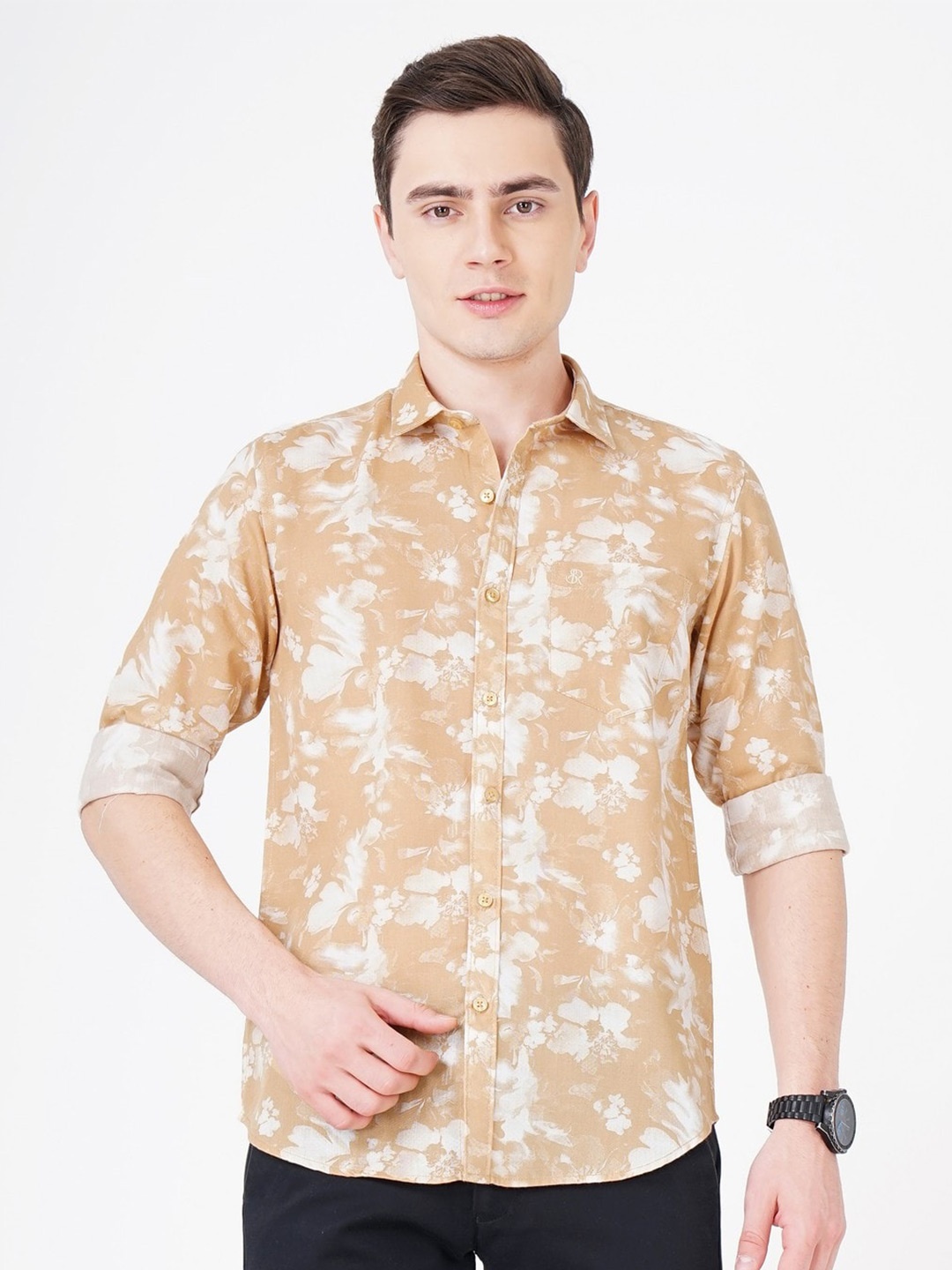 

SORATIA Comfort Floral Opaque Printed Cotton Casual Shirt, Brown