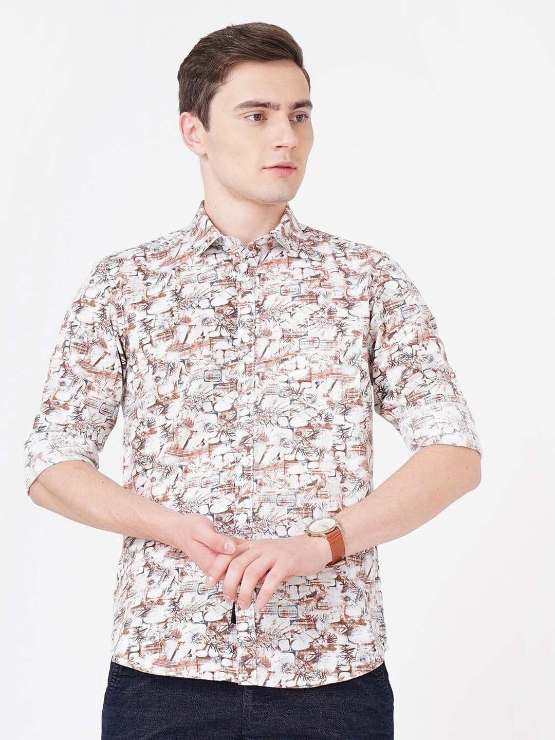 

SORATIA Comfort Abstract Printed Cotton Casual Shirt, White