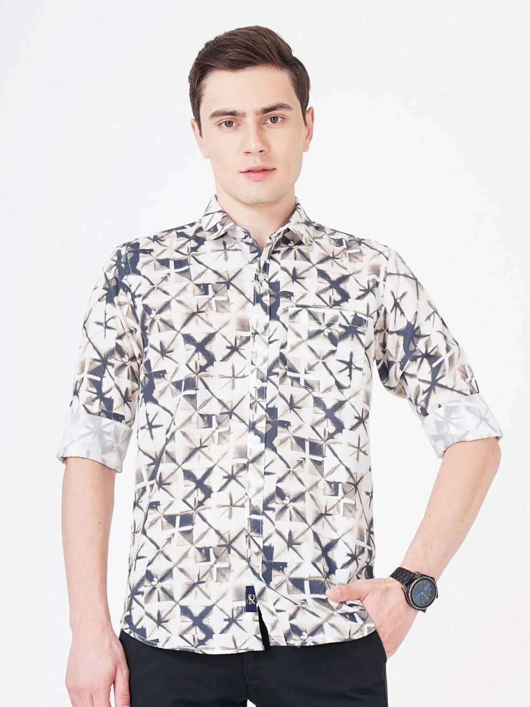 

SORATIA Comfort Abstact Printed Cotton Casual Shirt, Off white