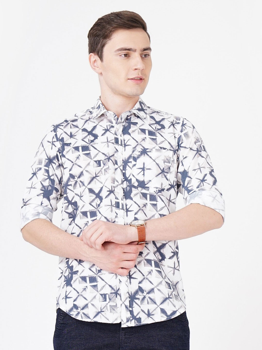 

SORATIA Cotton Geometeric Printed Casual Shirt, White