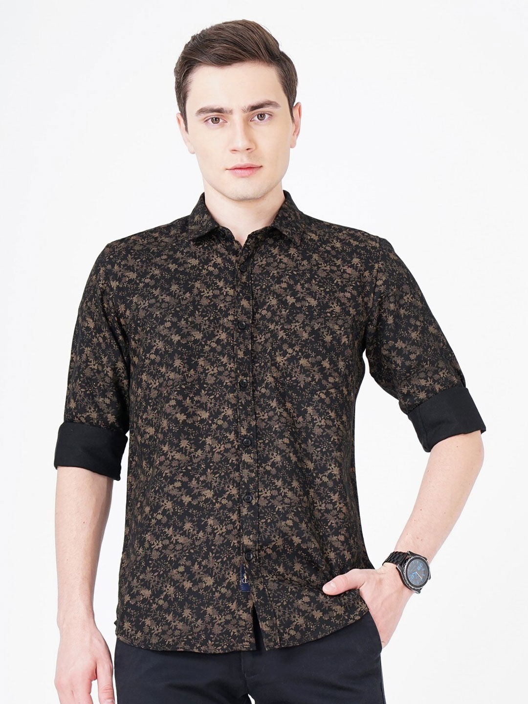 

SORATIA Comfort Floral Printed Cotton Casual Shirt, Black