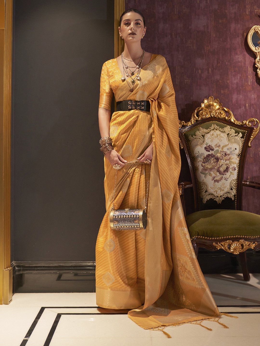 

elora Woven Design Zari Handloom Saree, Yellow