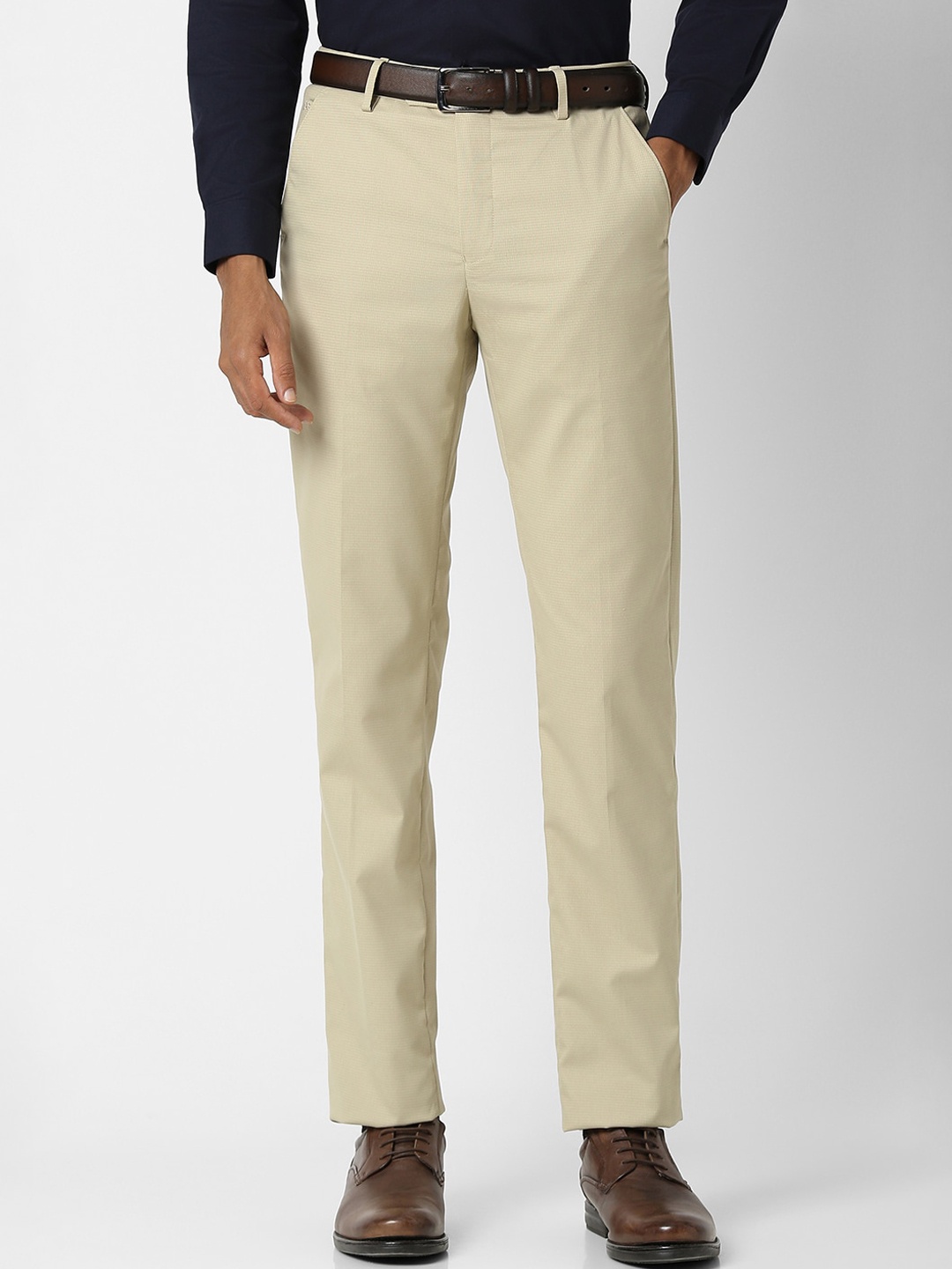 

Peter England Men Mid-Rise Slim Fit Formal Trousers, Khaki