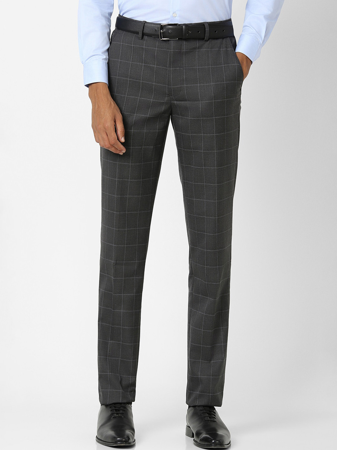 

Peter England Men Checked Slim Fit Formal Trousers, Grey