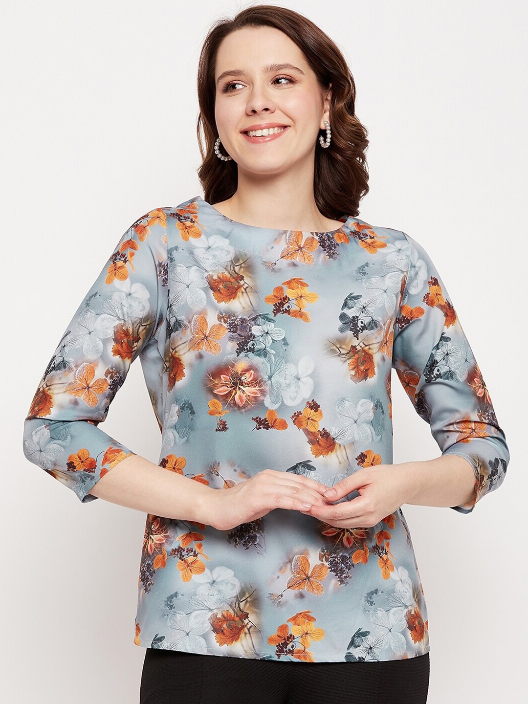 

BRINNS Floral Printed Regular Sleeves Crepe Casual Top, Grey