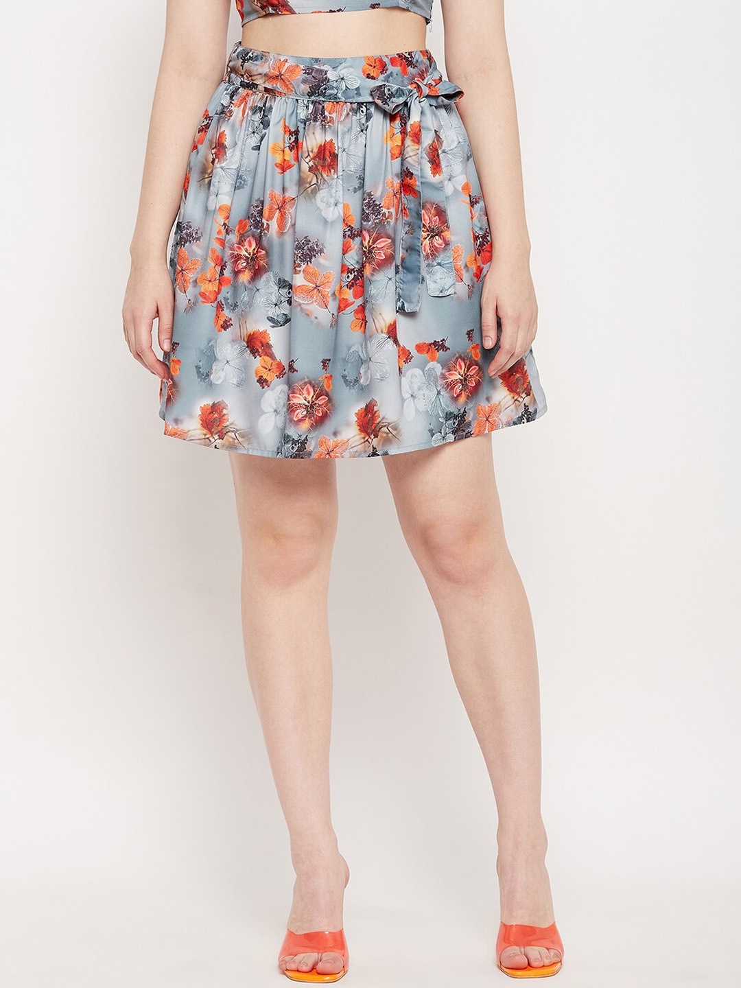 

BRINNS Floral Printed Tie-Up Detail Flared Mini Skirt, Grey
