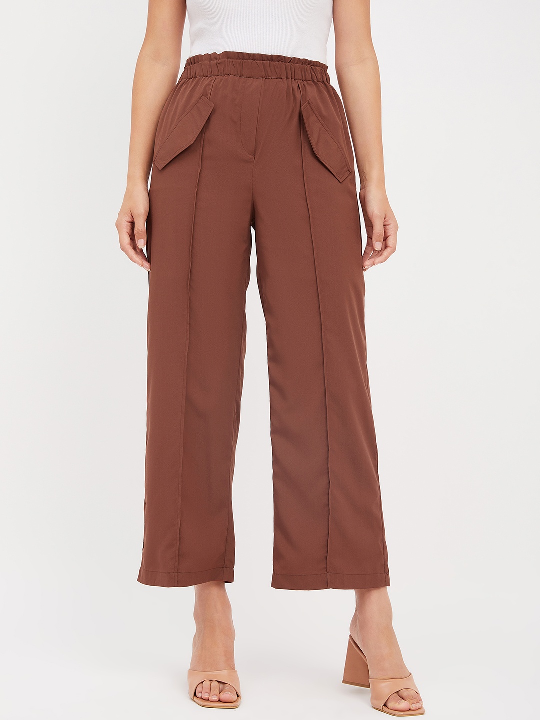 

BRINNS Women Relaxed Straight Leg Straight Fit Pleated Parallel Trousers, Brown