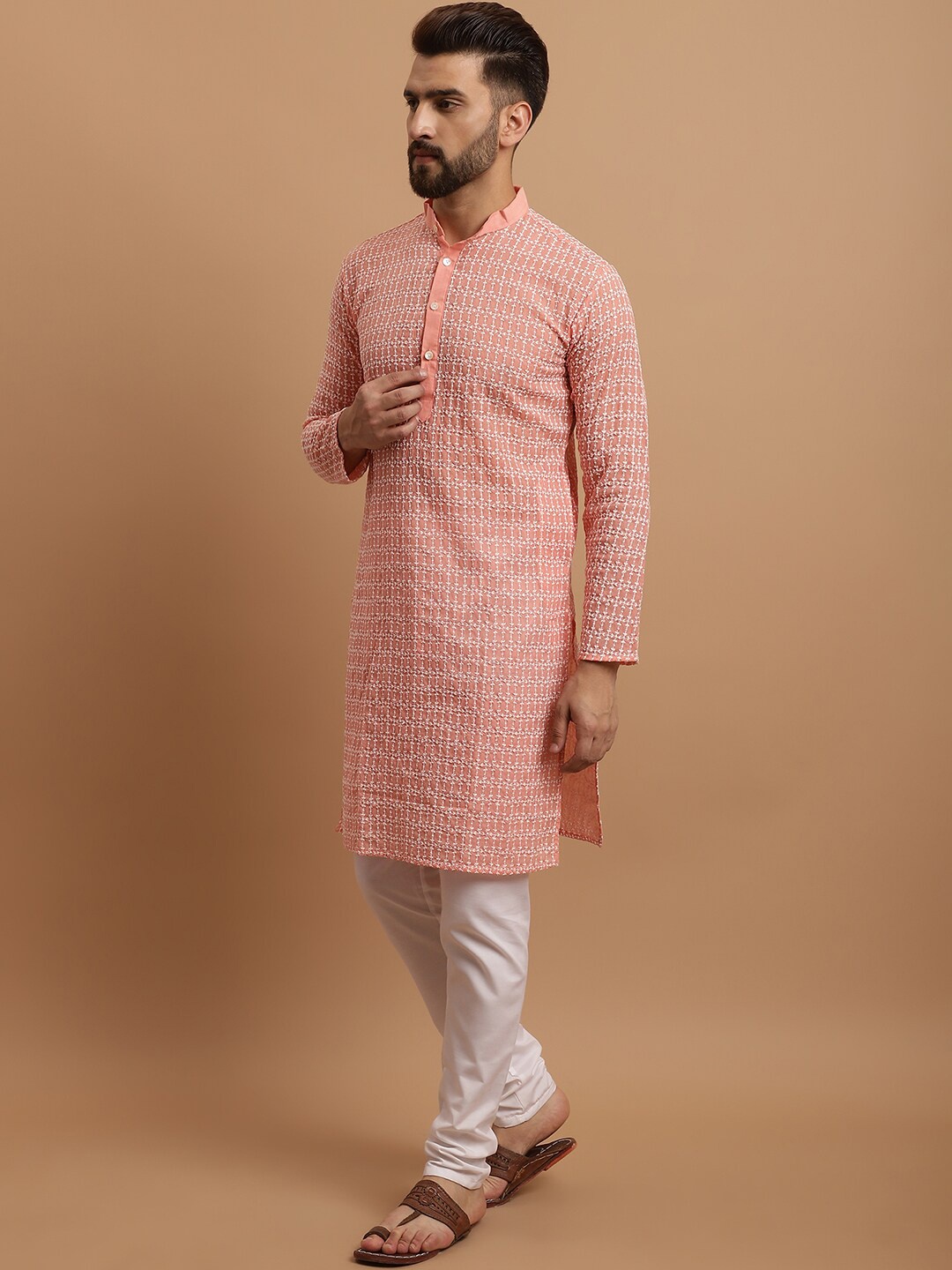 

SOJANYA Men Floral Embroidered Regular Pure Cotton Kurta with Churidar, Peach