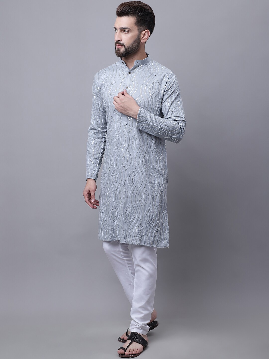 

SOJANYA Ethnic Motifs Sequinned Embellished Pure Cotton Kurta With Pyjama & Nehru Jacket, Grey