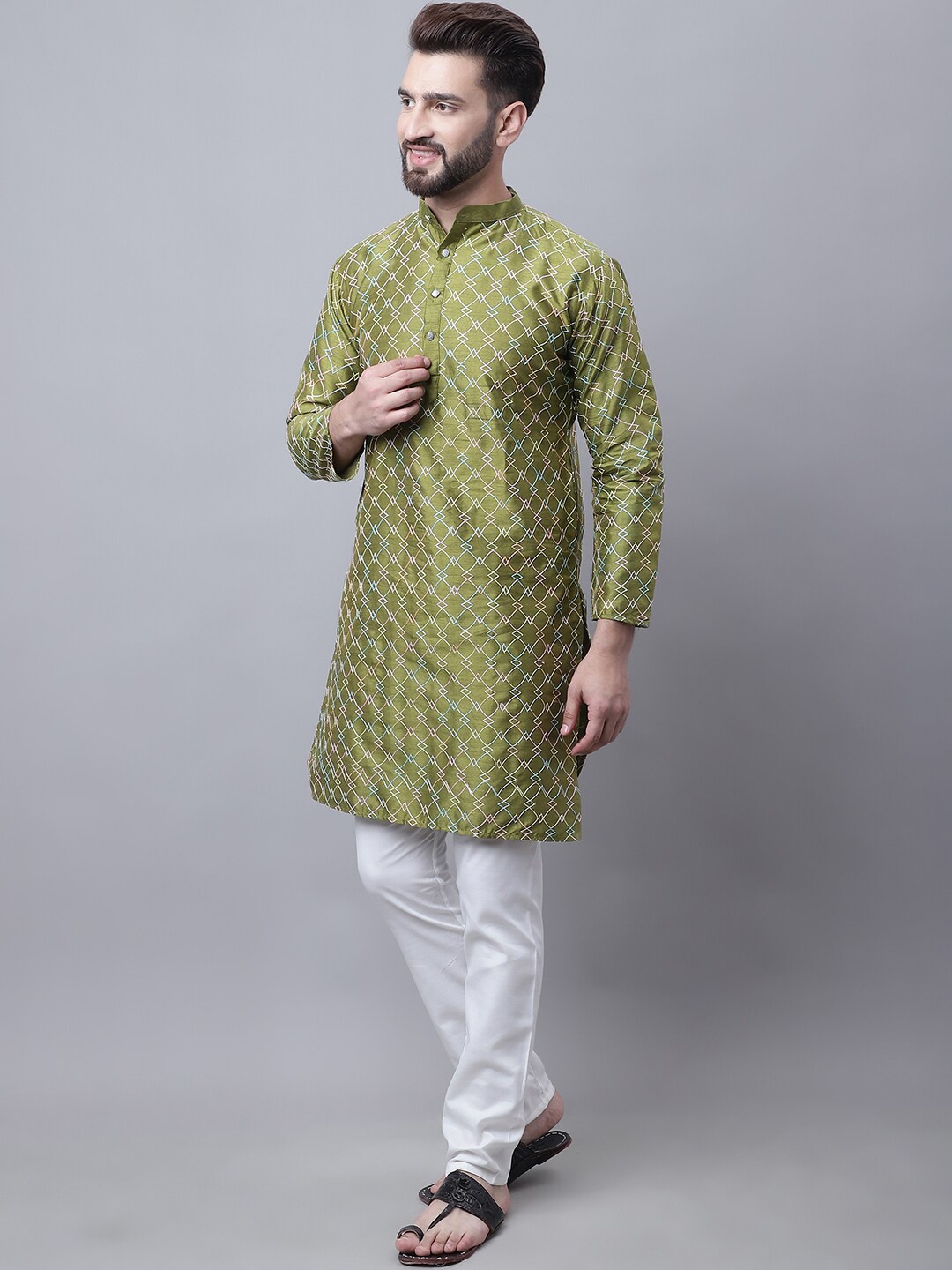 

SOJANYA Embroidered Mandarin Collar Regular Kurta With Churidar & Nehru Jacket, Olive