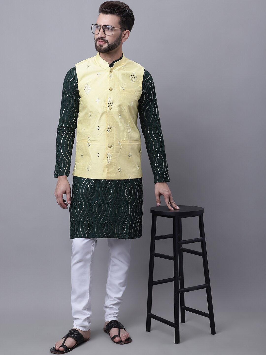 

SOJANYA Ethnic Motif Sequinned Embellished Pure Cotton Kurta with Churidar & Nehru Jacket, Green