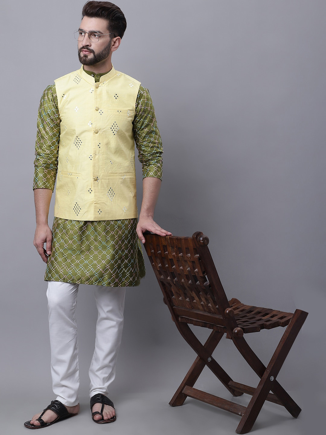 

SOJANYA Embroidered Regular Kurta with Churidar & Nehru Jacket, Olive