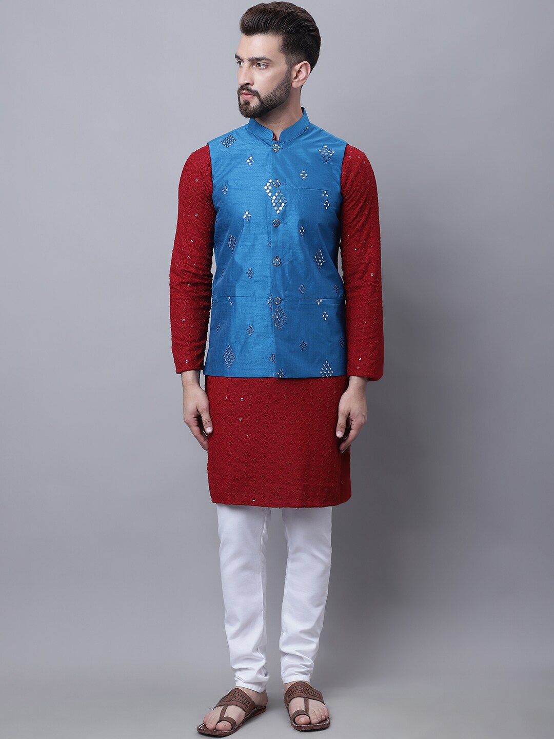 

SOJANYA Ethnic Motifs Embroidered Regular Pure Cotton Kurta with Churidar & Nehru Jacket, Maroon