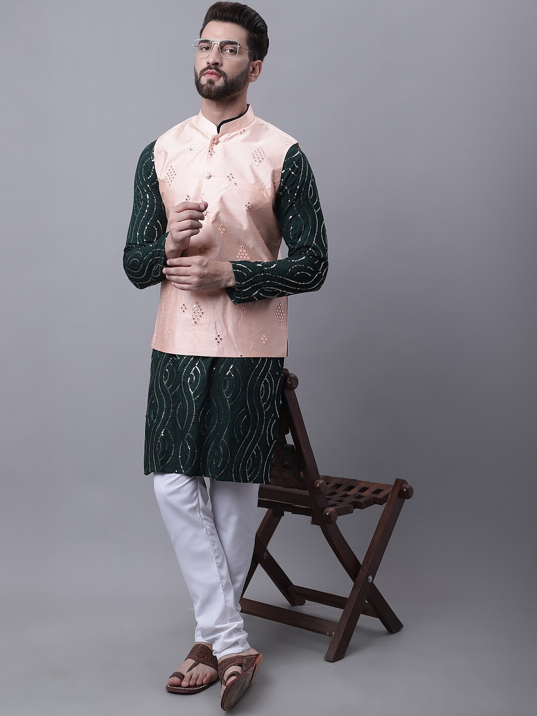 

SOJANYA Sequinned Pure Cotton Straight Kurta With Churidar & Mirror Work Nehru Jacket, Green