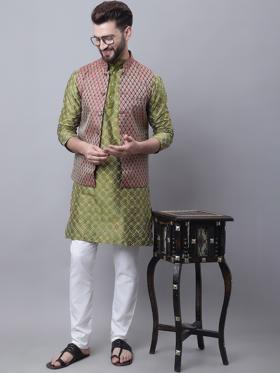 

SOJANYA Embroidered Straight Kurta With Churidar & Nehru Jacket, Olive