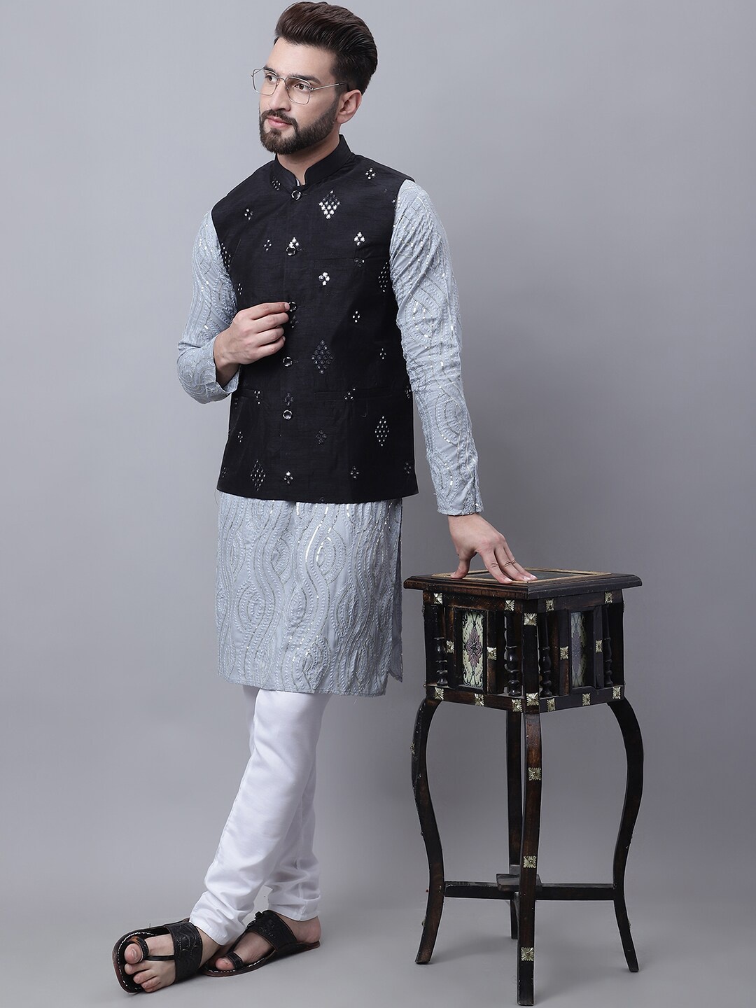 

SOJANYA Regular Pure Cotton Kurta with Churidar & Nehru Jacket, Grey