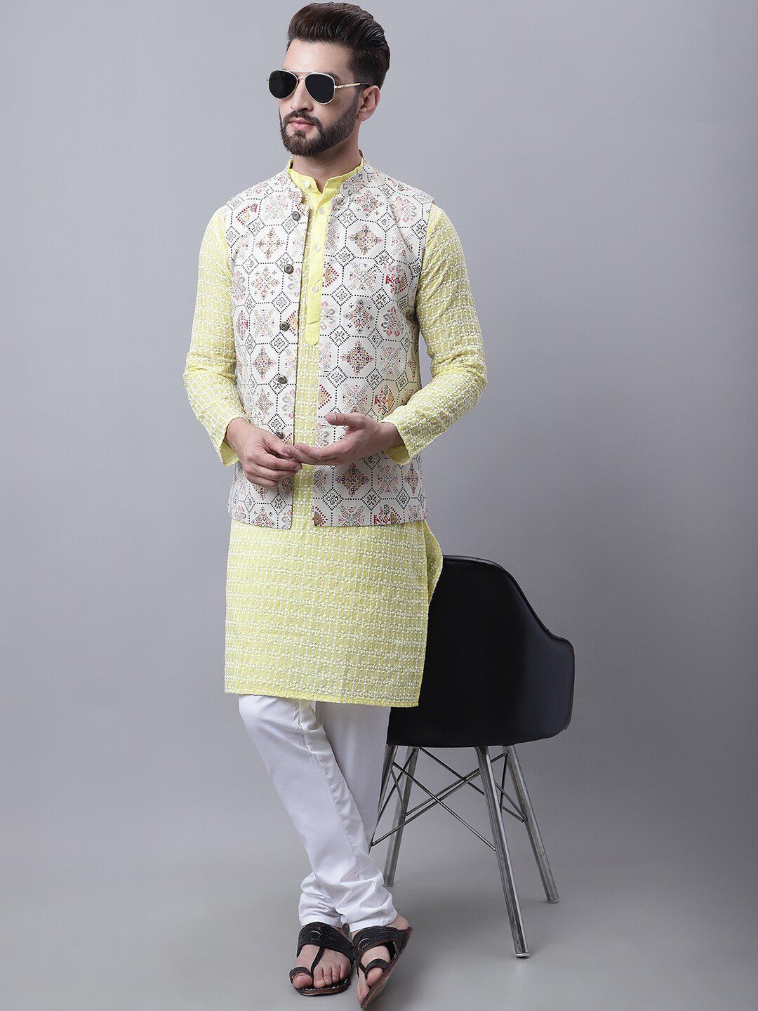 

SOJANYA Men Ethnic Motifs Embroidered Pure Cotton Kurta With Pyjamas & Nehru Jacket, Yellow