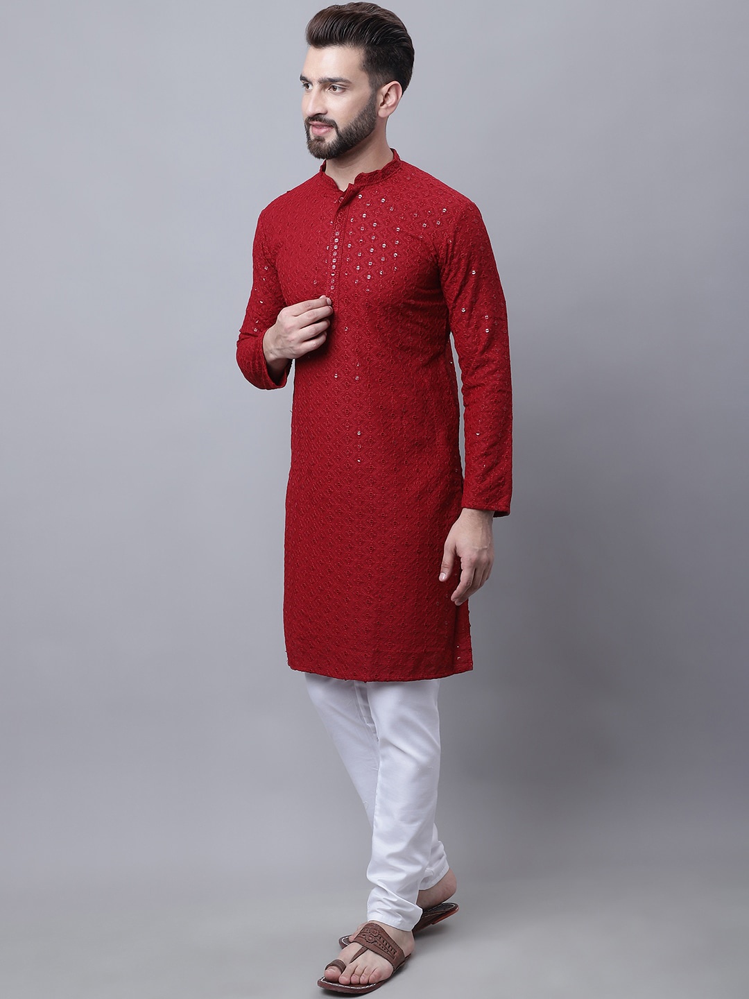 

SOJANYA Men Floral Embroidered Pure Cotton Kurta With Pyjamas & Nehru Jacket, Maroon