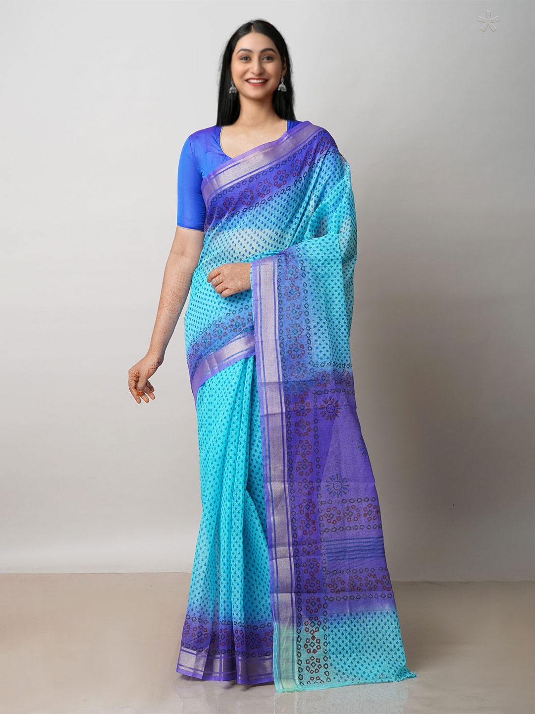 

Unnati Silks Ethnic Motifs Printed Zari Pure Cotton Kota Saree, Blue
