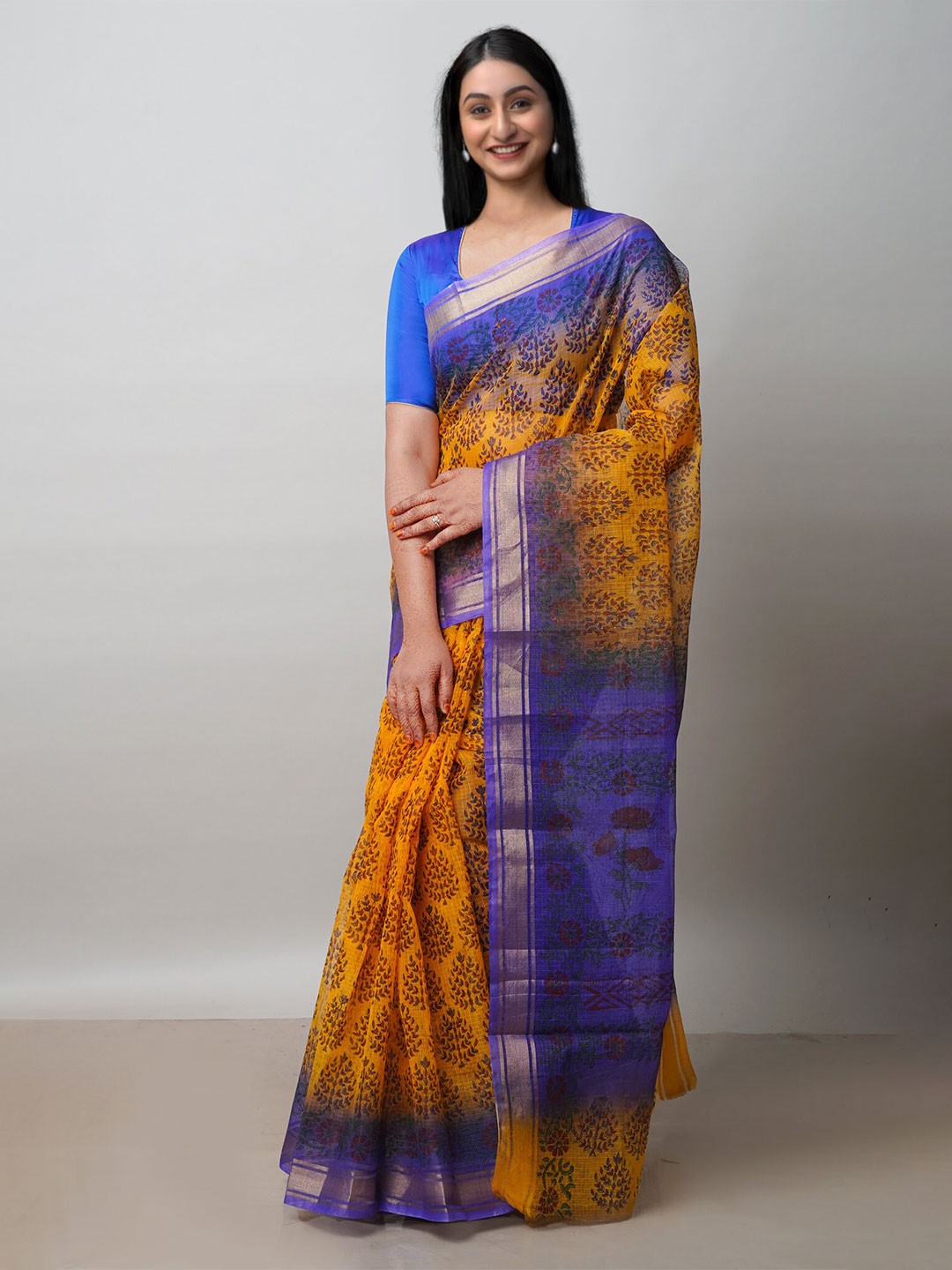 

Unnati Silks Floral Printed Zari Pure Cotton Kota Saree, Yellow