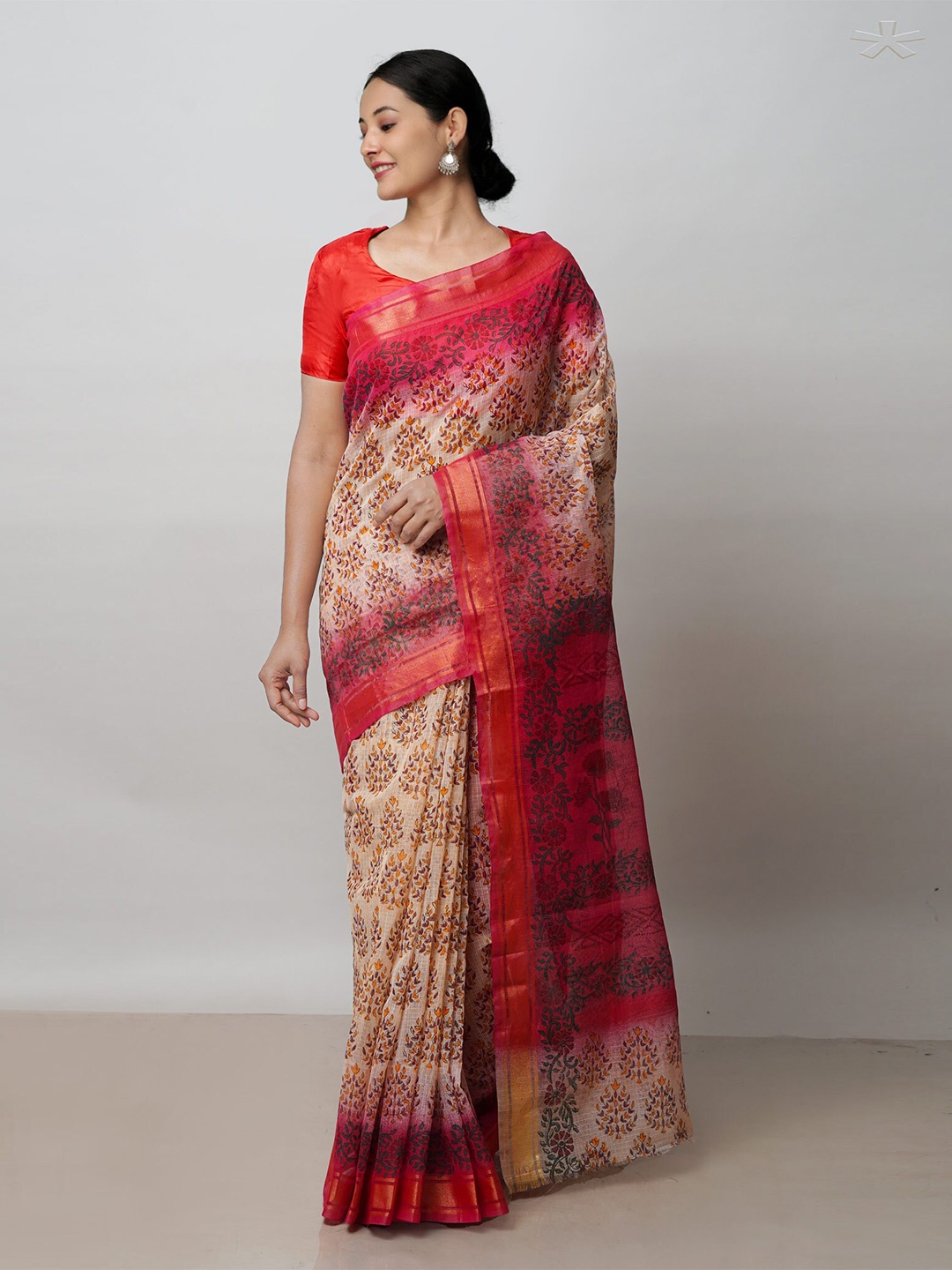 

Unnati Silks Floral Printed Zari Pure Cotton Handloom Kota Saree, Cream