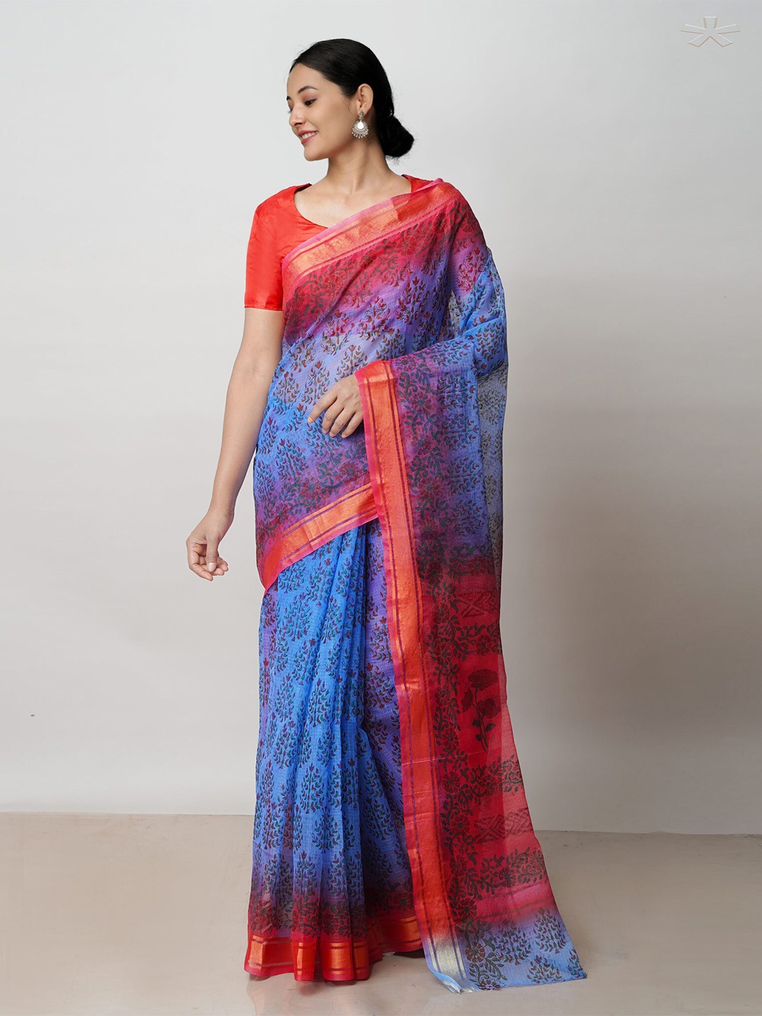 

Unnati Silks Ethnic Motifs Printed Zari Pure Cotton Handloom Kota Saree, Blue