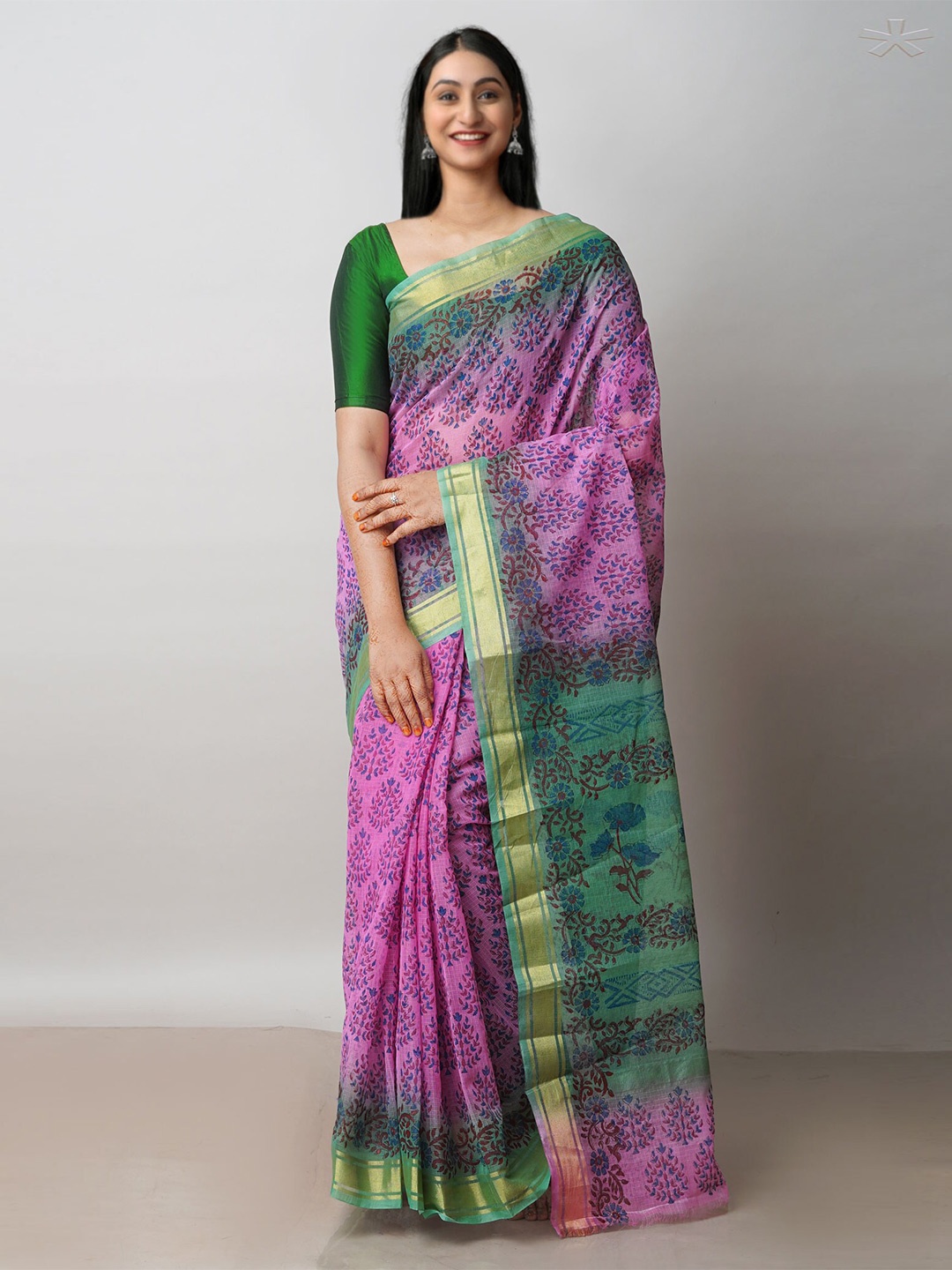 

Unnati Silks Ethnic Motifs Printed Zari Pure Cotton Handloom Kota Saree, Pink