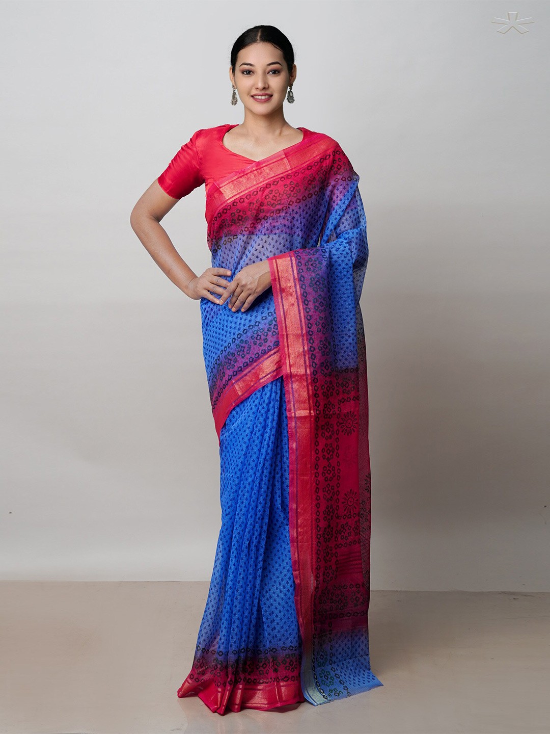 

Unnati Silks Ethnic Motifs Printed Zari Pure Cotton Handloom Kota Saree, Blue