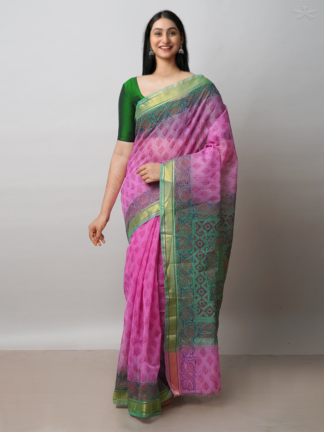 

Unnati Silks Ethnic Motifs Printed Dyed Zari Pure Cotton Kota Saree, Pink