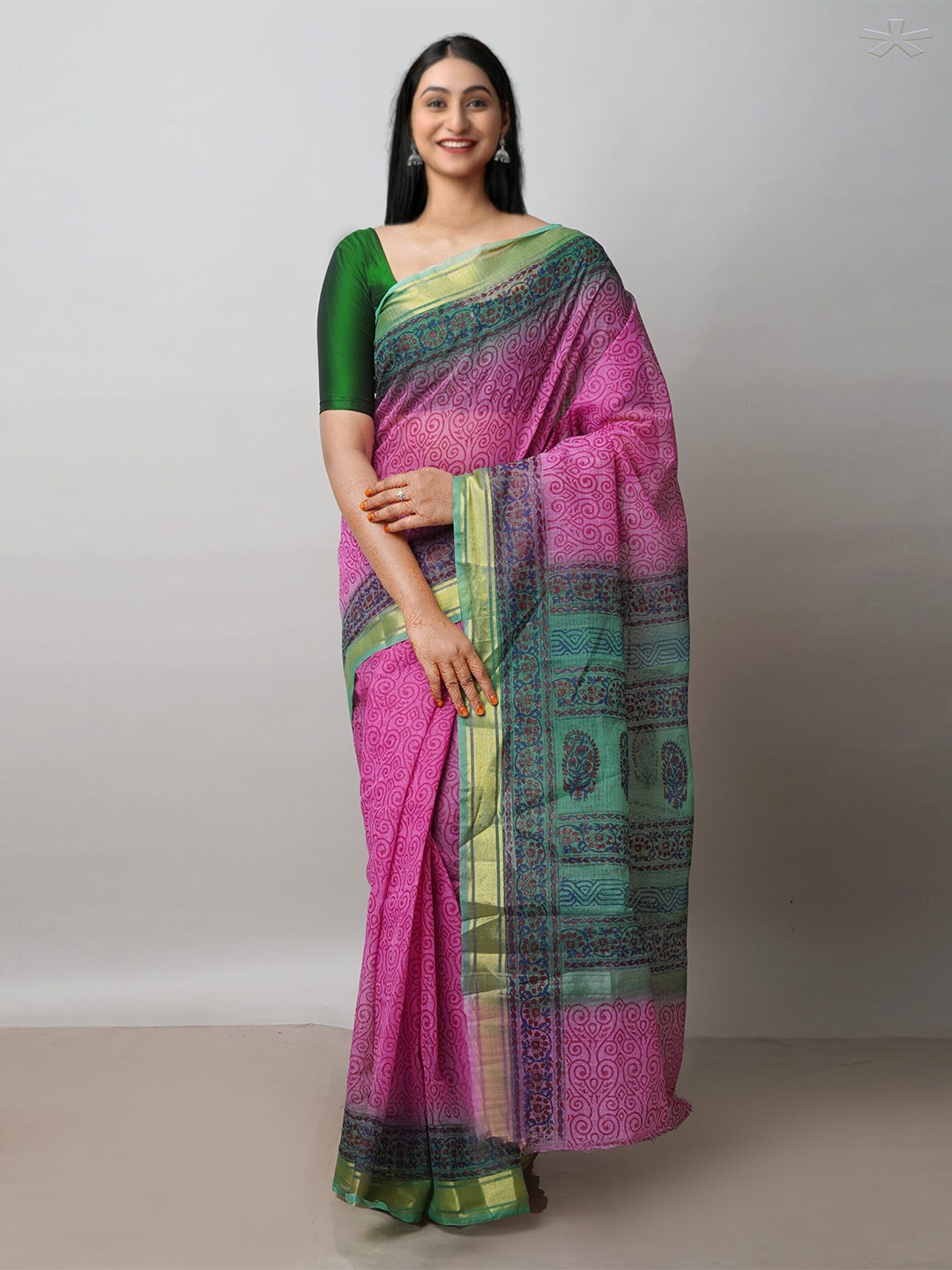 

Unnati Silks Ethnic Motifs Printed Dyed Zari Pure Cotton Kota Saree, Pink