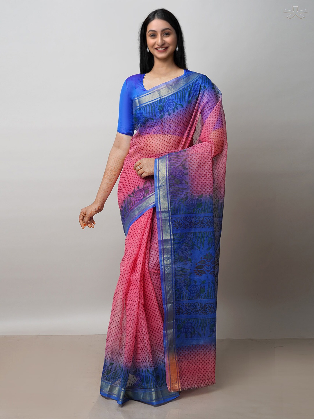 

Unnati Silks Ethnic Motifs Printed Dyed Zari Pure Cotton Kota Saree, Pink