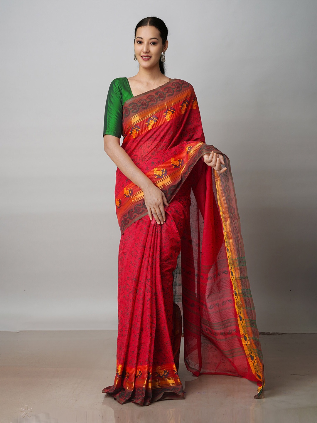 

Unnati Silks Ethnic Motifs Printed Zari Pure Cotton Chettinad Saree, Red