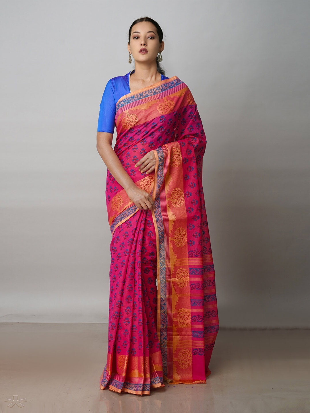 

Unnati Silks Floral Printed Zari Pure Cotton Chettinad Saree, Pink