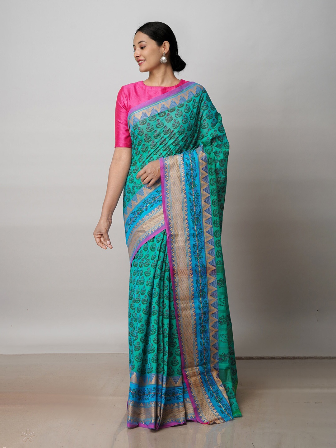 

Unnati Silks Floral Printed Zari Pure Cotton Chettinad Saree, Green