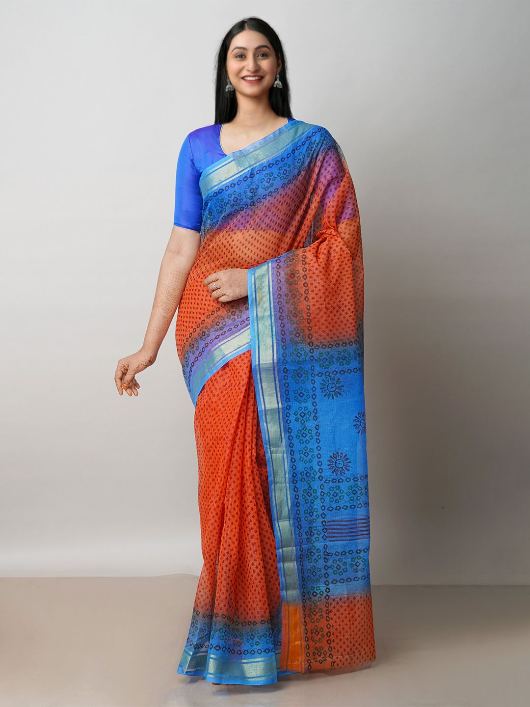 

Unnati Silks Ethnic Motifs Printed Dyed Zari Pure Cotton Kota Saree, Brown