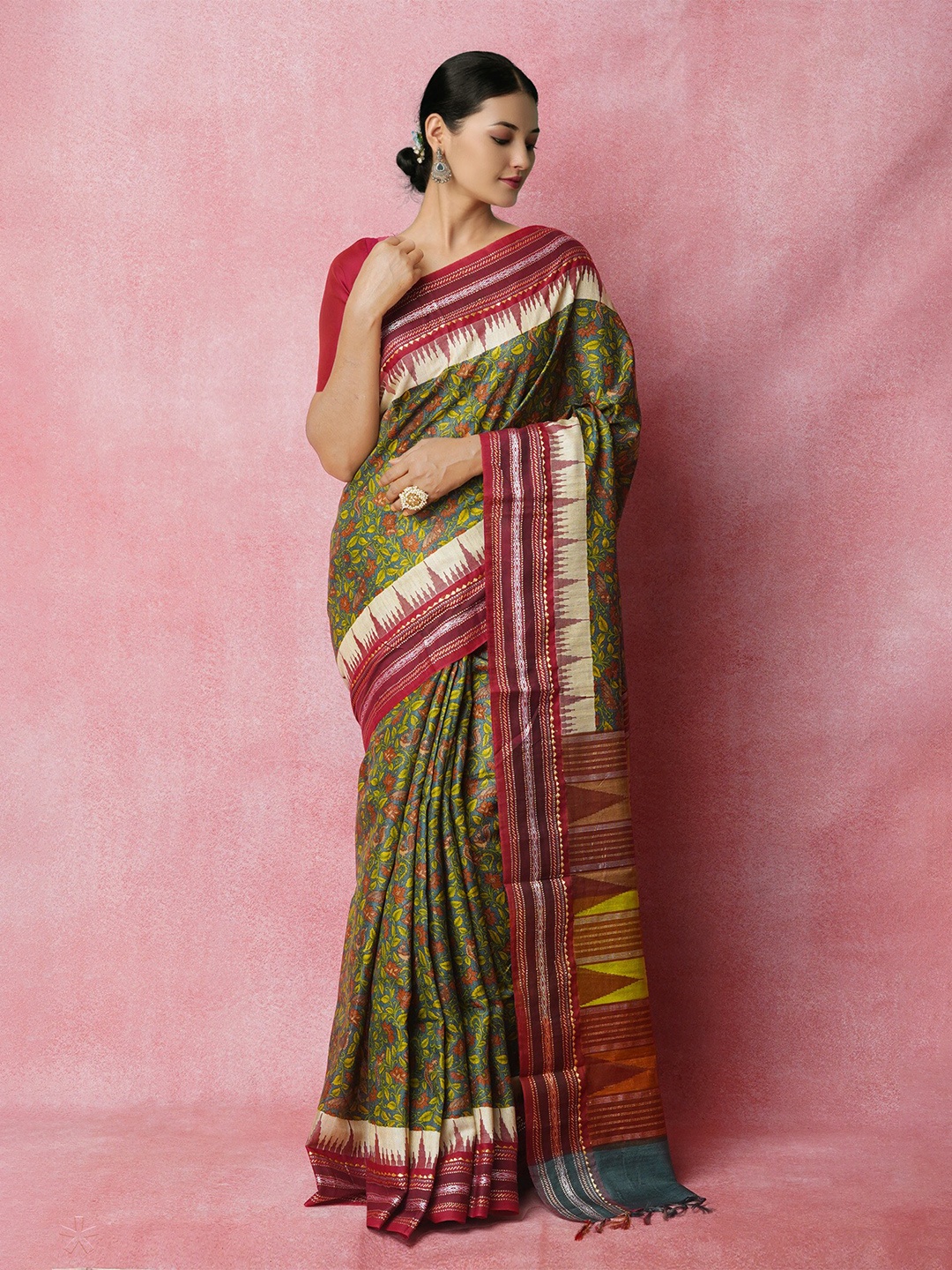 

Unnati Silks Ethnic Motifs Zari Jute Silk Tussar Saree, Green