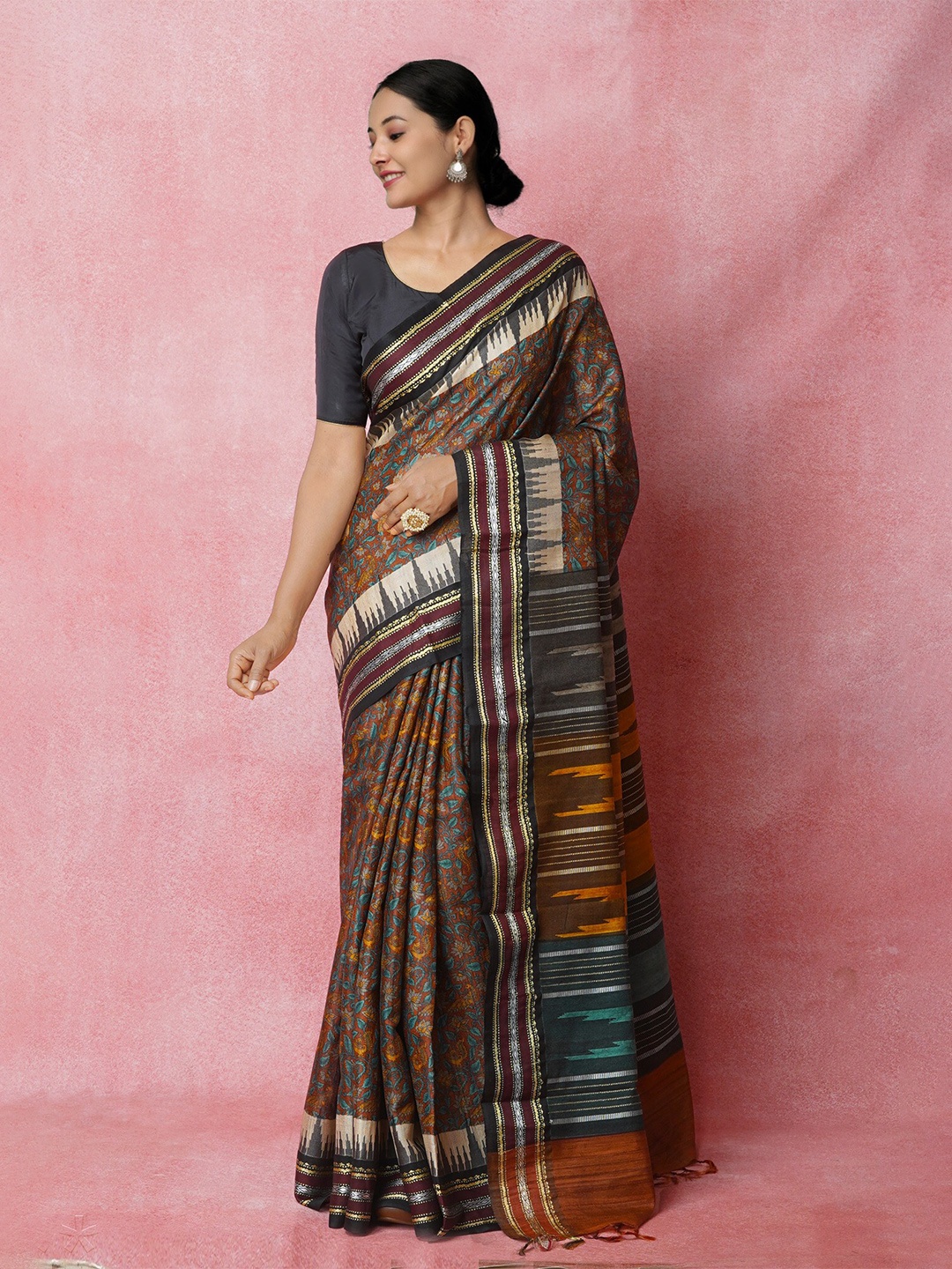 

Unnati Silks Ethnic Motifs Zari Jute Silk Tussar Saree, Brown