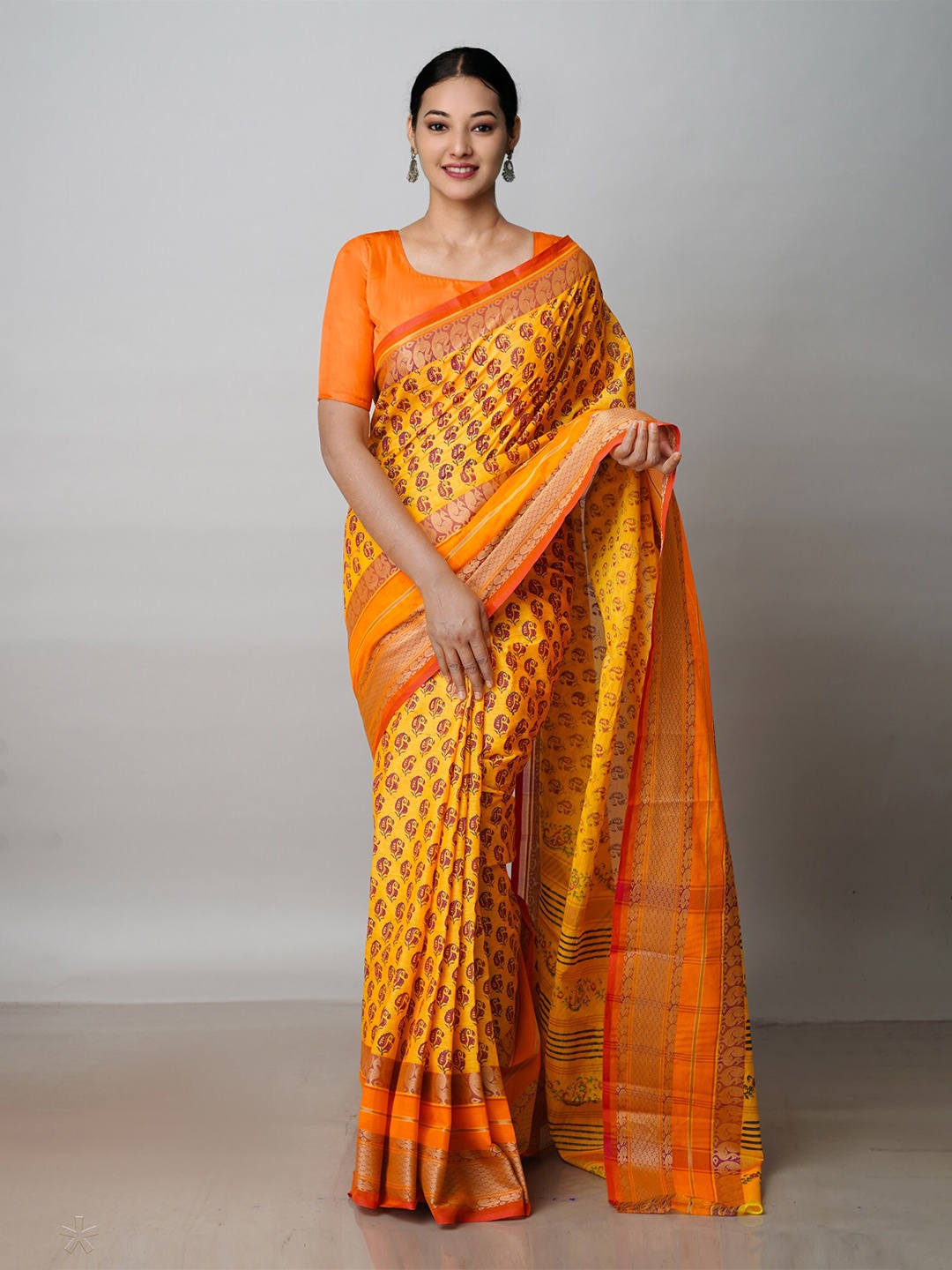 

Unnati Silks Ethnic Motifs Printed Zari Handloom Pure Cotton Chettinad Saree, Mustard
