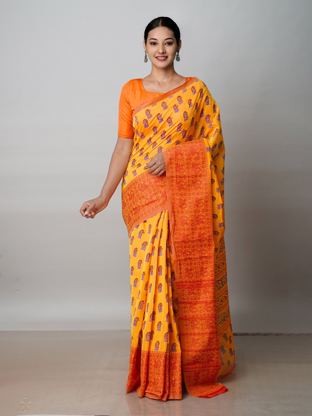 

Unnati Silks Ethnic Motifs Printed Handloom Pure Cotton Chettinad Saree, Orange